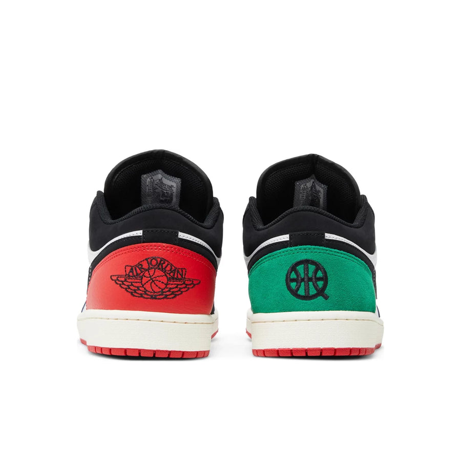 Heels of Jordan 1 Low Quai 54 (2023) in red, green, black and white.