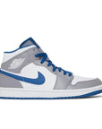 side of Jordan 1 mid true blue in blue, grey and white