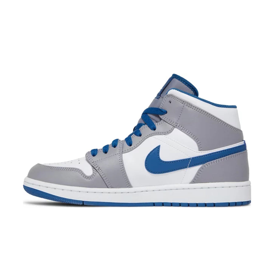side of Jordan 1 mid true blue in blue, grey and white