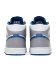 heels of Jordan 1 mid true blue in blue, grey and white