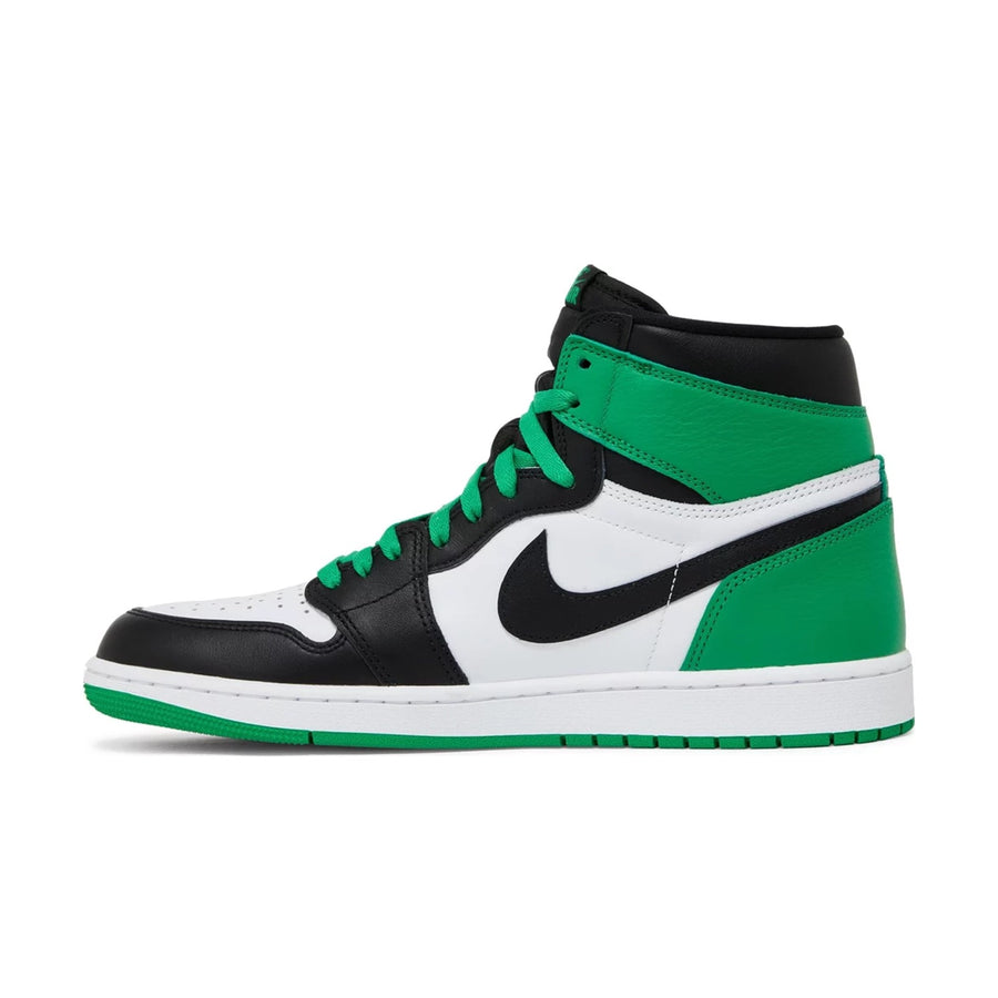 Side of Jordan 1 retro high go lucky green in white and green