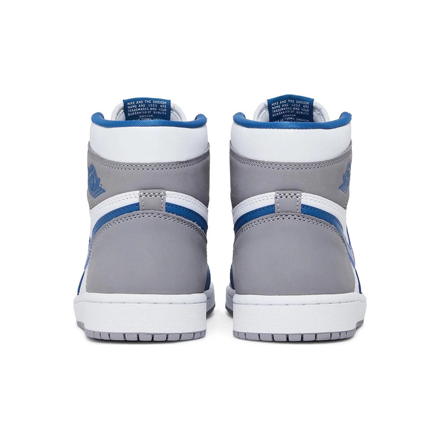 Heels of Jordan 1 Retro High OG True Blue in True Blue, White and Cement Grey.