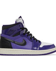Side of the women's Nike Air Jordan 1 High Zoom CMFT Purple Patent basketball shoes in purple and black