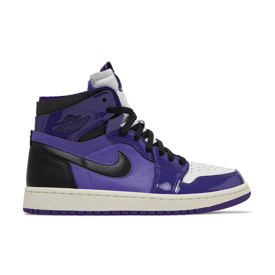 Side of the women's Nike Air Jordan 1 High Zoom CMFT Purple Patent basketball shoes in purple and black