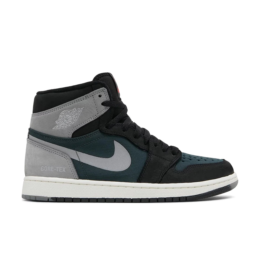 Side of the Nike Air Jordan 1 Retro High Element Gore-Tex Black Particle Grey basketball shoes in black, grey and dark green