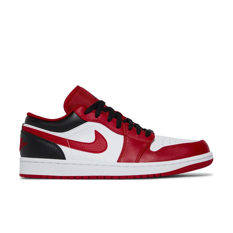 Side of the Nike Air Jordan 1 Low Bulls sneakers in white, red and black