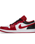 Side of the Nike Air Jordan 1 Low Bulls sneakers in white, red and black