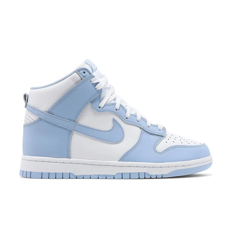 Side of the womens Nike dunk high basketball shoes in a white blue aluminium colour