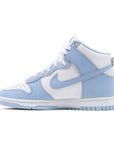 Side of the womens Nike dunk high basketball shoes in a white blue aluminium colour