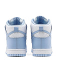 Heel of the womens Nike dunk high skating shoes in a white blue aluminium colour
