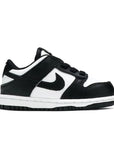 Side of the baby version of the Nike dunk low in a black white "Panda" colour