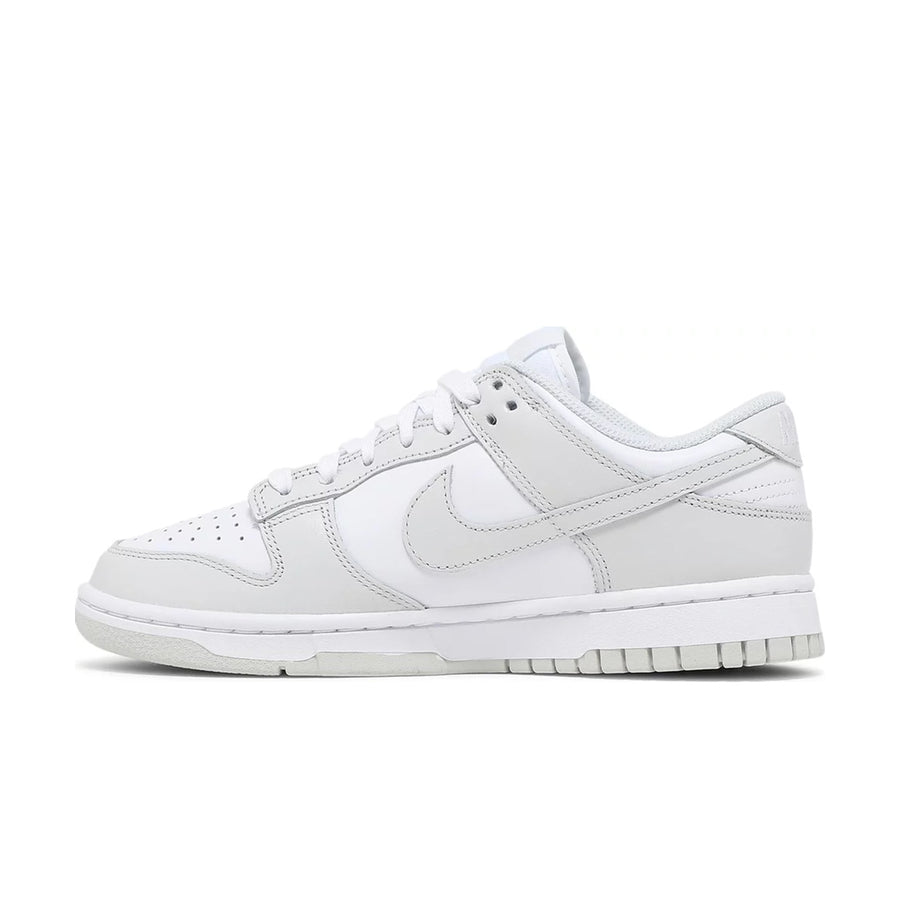 side of Nike Dunk Low photon dust in white and grey