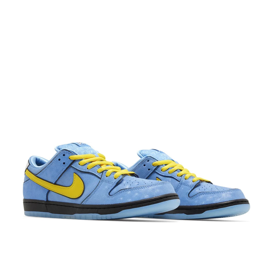 Pair of Nike Dunk SB Low The Powerpuff Girls Bubbles in blue and yellow
