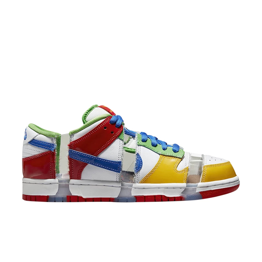 Side of Nike SB Dunk Low Sandy Bedecked in red, blue, yellow and green.