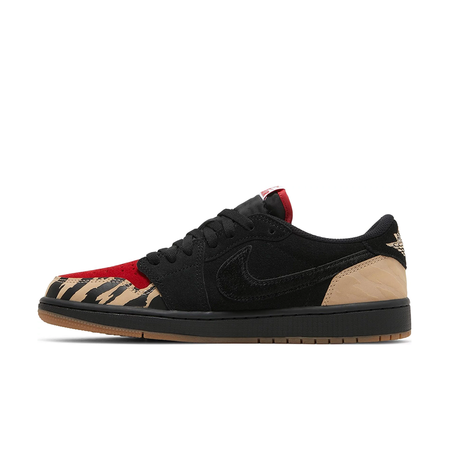 Side of Nike Jordan Air 1 low basketball shoes are in a black, beige and red colourway.
