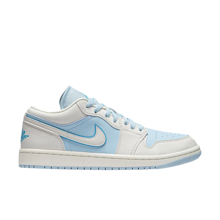side of Jordan 1 low se reverse ice blue in blue and white