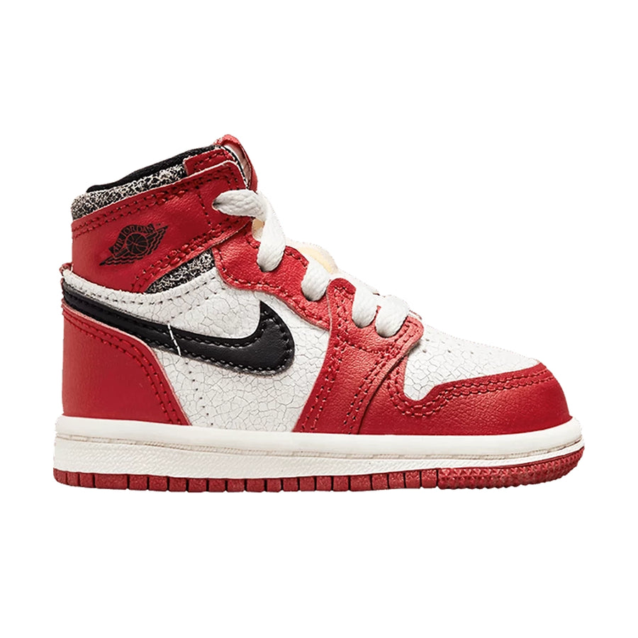 Side of Jordan 1 Retro High OG Chicago Lost and Found in Varsity Red and White.