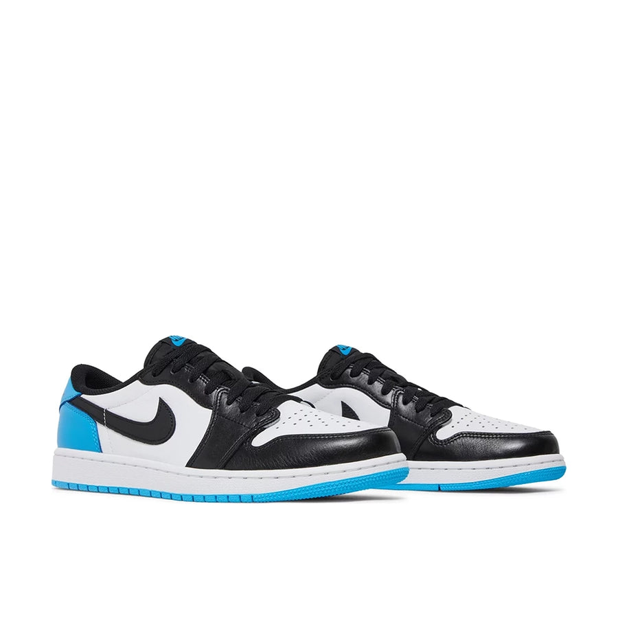 pair of Jordan 1 retro low go black dark powder blue in blue, black and white