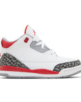 Side of Toddler Nike Jordan Air 3 basketball shoes in a white and fire red colour