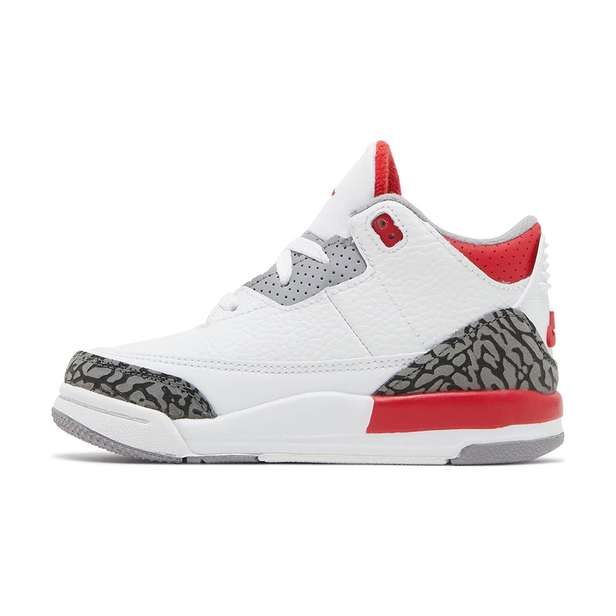 Side of Toddler Nike Jordan Air 3 basketball shoes in a white and fire red colour