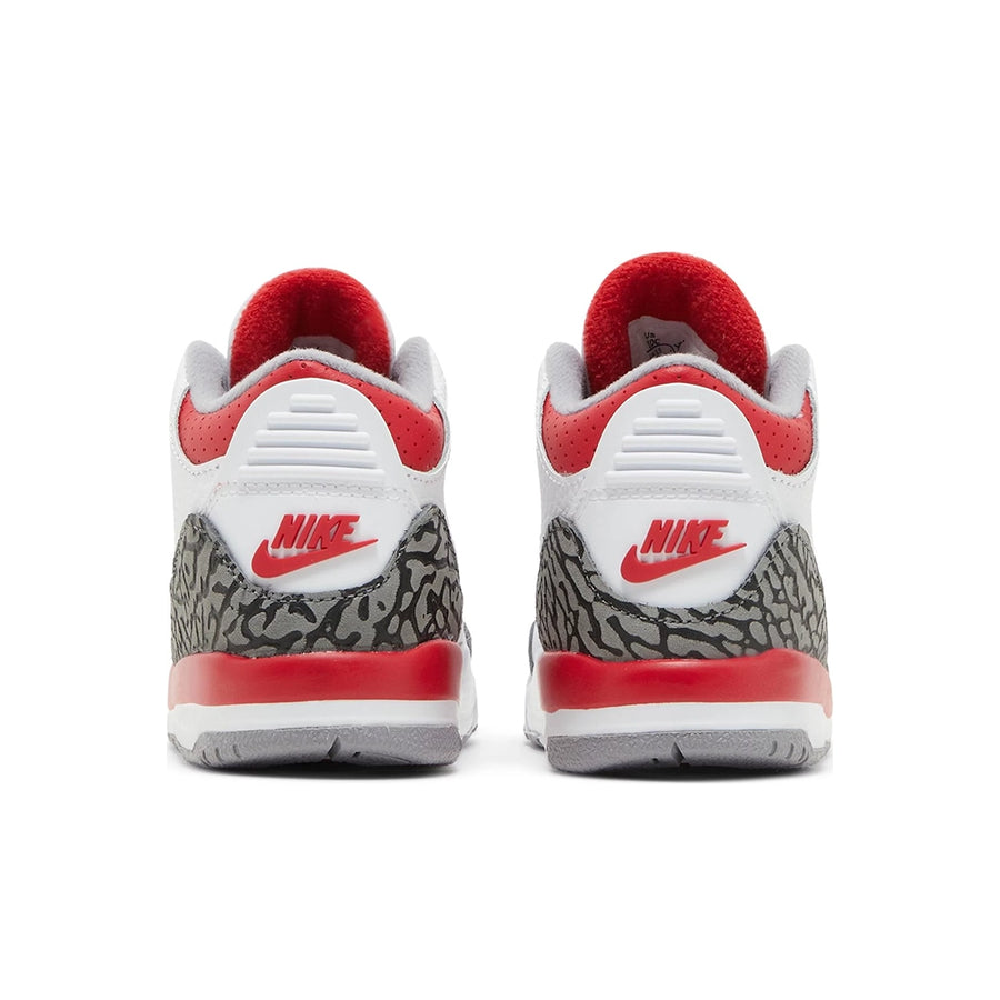 Heels of the Toddler Nike Jordan Air 3 basketball shoes in a white and fire red colour