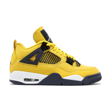 Side of Jordan 4 Retro Lightning (2021) in Yellow and Dark Blue.