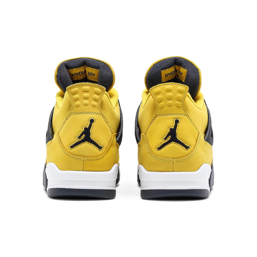 Heels of Jordan 4 Retro Lightning (2021) in Yellow and Dark Blue.