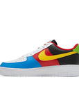 Side of the Nike Air Force 1 Low '07 QS Uno sneakers in white, black and multicolours