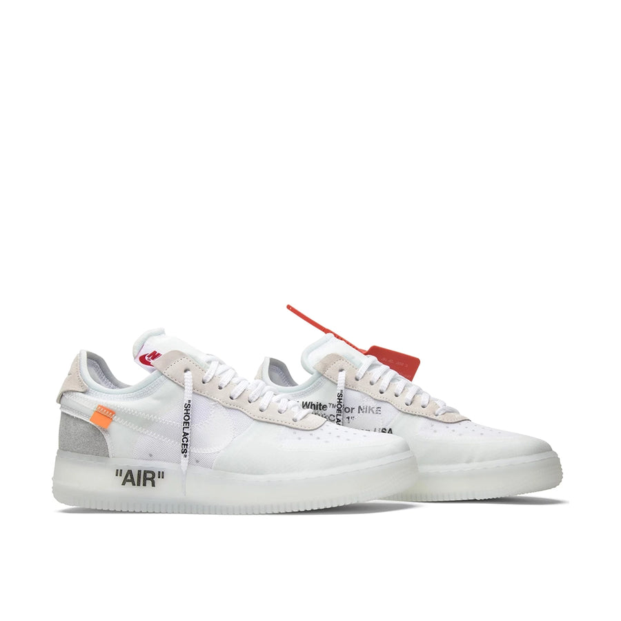 A pair of Nike Air Force 1 Low Off-White is in an all white colourway
