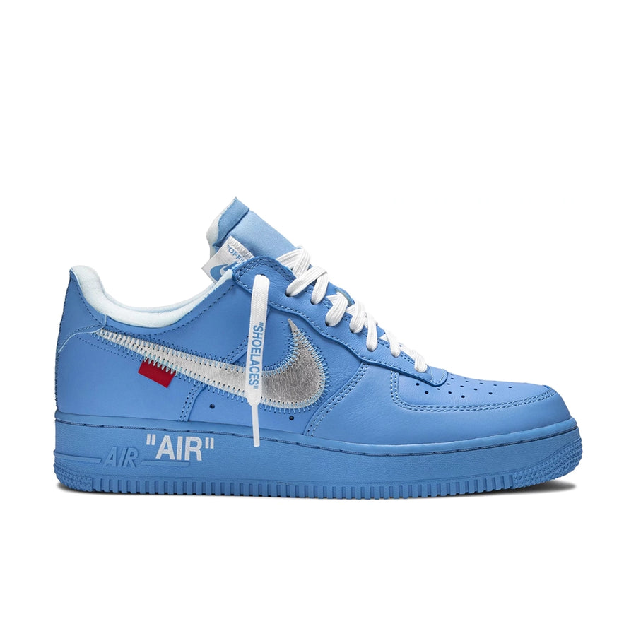 Side of the Off-White x Air Force 1 Low '07 'MCA' is in a blue, metallic silver and a dash of red for a colourway