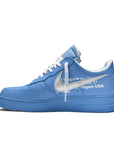 Side of the Off-White x Air Force 1 Low '07 'MCA' is in a blue, metallic silver and a dash of red for a colourway.