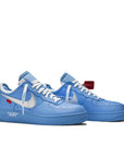 A pair of  Off-White x Air Force 1 Low '07 'MCA' is in a blue, metallic silver and a dash of red for a colourway