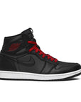 Side of Nike Air Jordan 1 basketball shoes in black satin gym red colour
