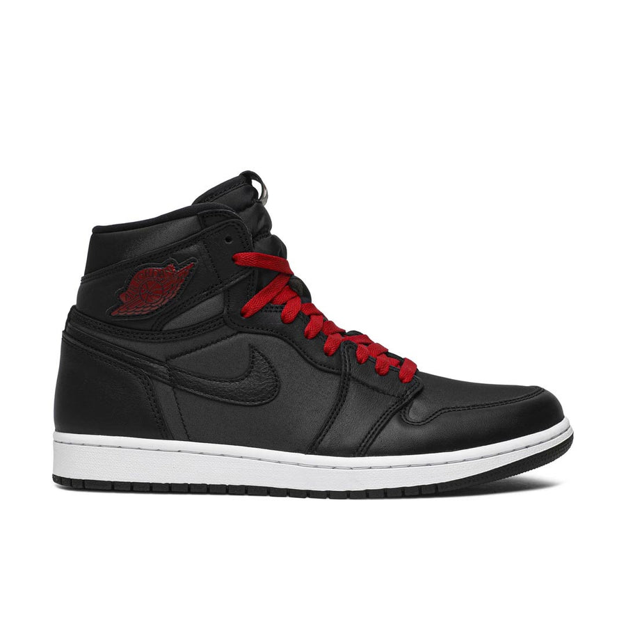 Side of Nike Air Jordan 1 basketball shoes in black satin gym red colour