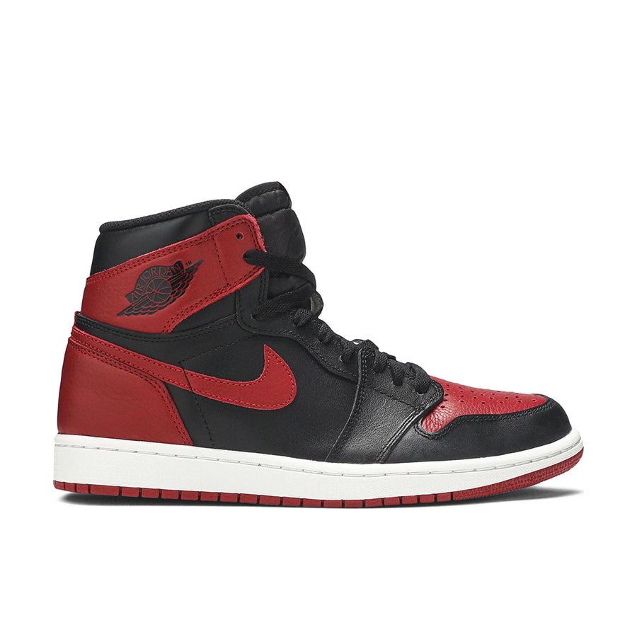 Side of Nike Air Jordan 1 basketball shoes in black and red Bred Banned colour