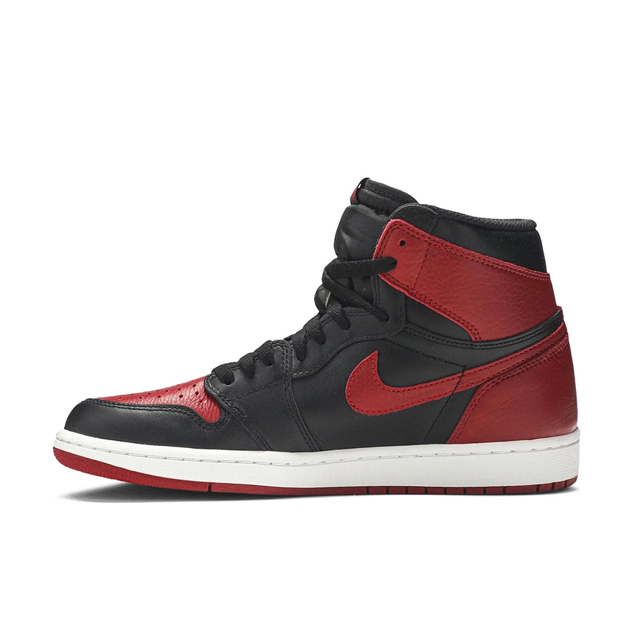 Side of Nike Air Jordan 1 basketball shoes in black and red Bred Banned colour
