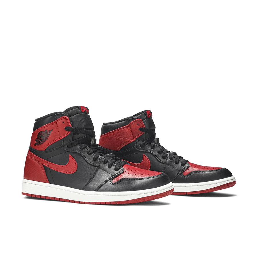 A pair of Nike Air Jordan 1 basketball shoes in black and red Bred Banned colour