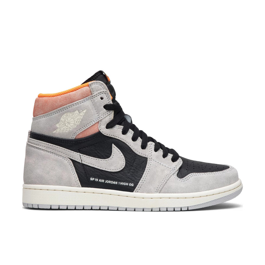 Side of Nike Air Jordan 1 basketball shoes in grey hyper crimson colour