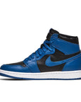 Side of the Nike Air Jordan 1 Retro High OG Dark Marina Blue basketball shoes in black and dark blue