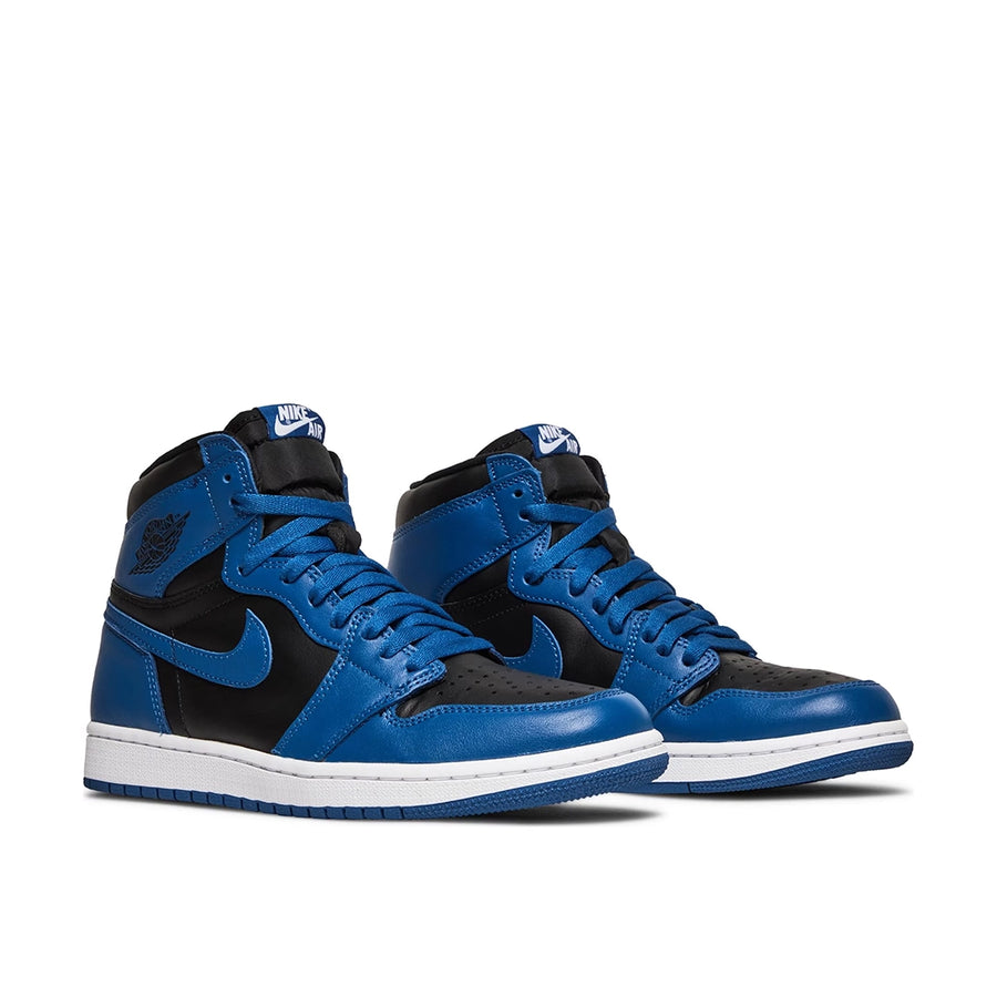 A pair of Nike Air Jordan 1 Retro High OG Dark Marina Blue basketball shoes in black and dark blue