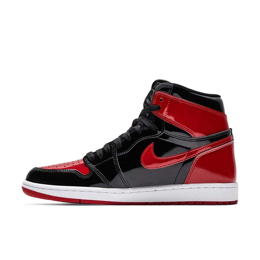Side of Nike Air Jordan 1 High OG Patent Bred basketball shoes in black and red
