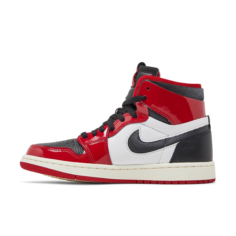 Side of the women's Nike Air Jordan 1 High Zoom CMFT Patent Chicago basketball shoes in red, black and white