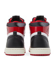 Heels of the women's Nike Air Jordan 1 High Zoom CMFT Patent Chicago basketball shoes in red, black and white