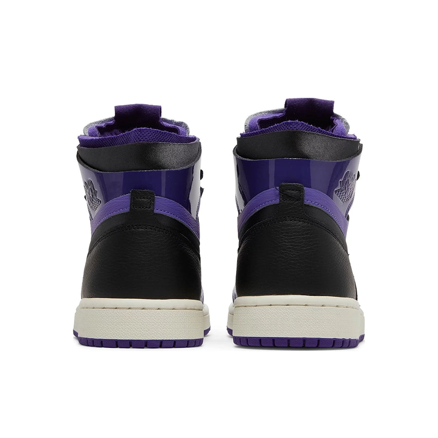 Heels of the women's Nike Air Jordan 1 High Zoom CMFT Purple Patent basketball shoes in purple and black