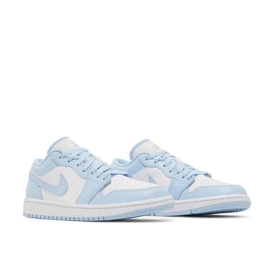 A pair of Nike Air Jordan 1 Low Michael Jordan's in white, blue and aluminium