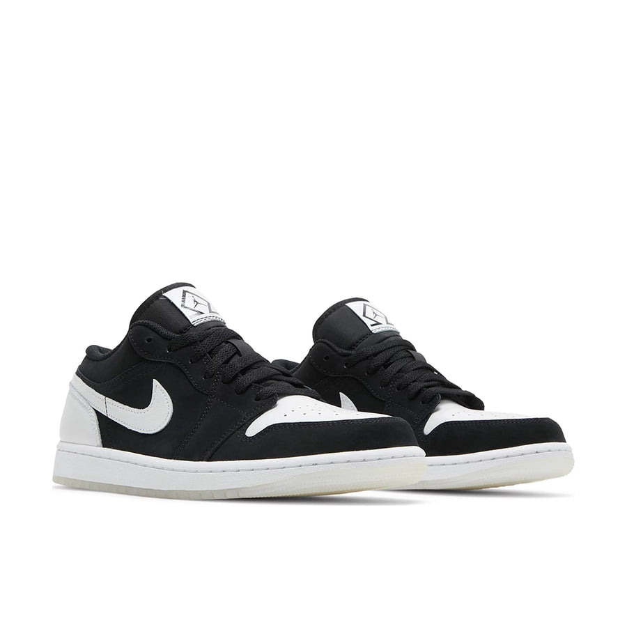 A pair of the Nike Air Jordan 1 Low Diamond Shorts basketball shoes are in a white, black and durabuck  colourway.