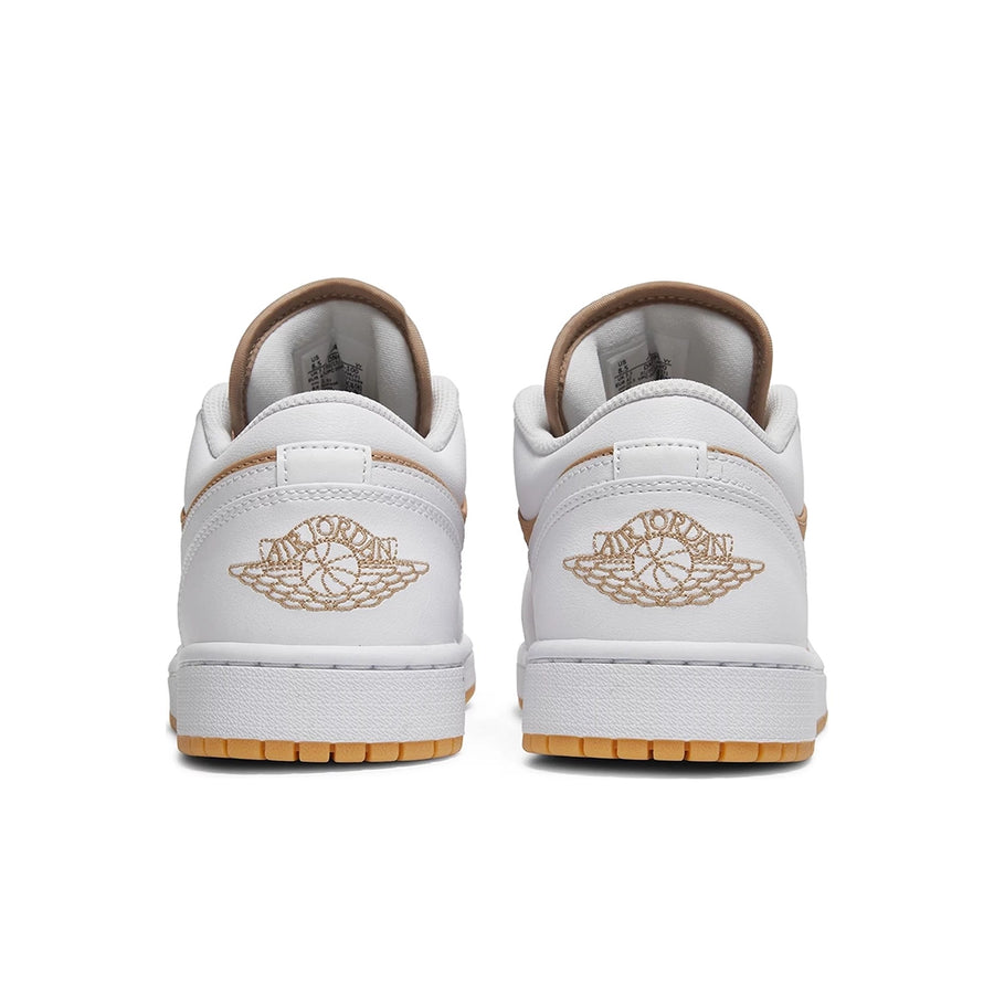 Heels of the Nike Air Jordan 1 Low Hemp White basketball shoe is in a white and hemp colourway.