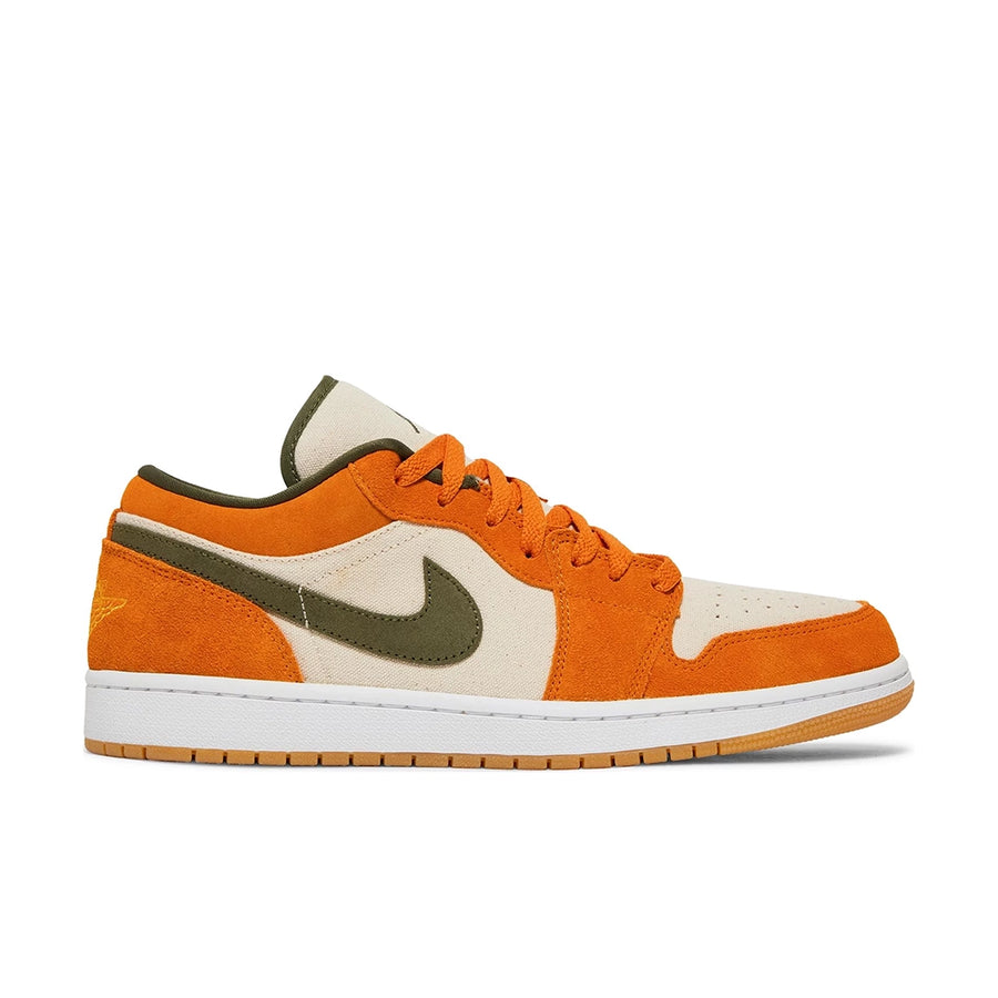 Side of Nike Air Jordan 1 Low Orange Olive basketball shoes are in an orange and green colourway.