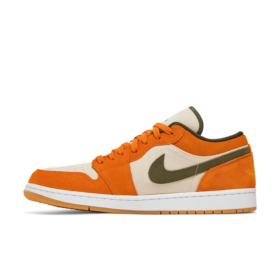 Side of Nike Air Jordan 1 Low Orange Olive basketball shoes are in an orange and green colourway.