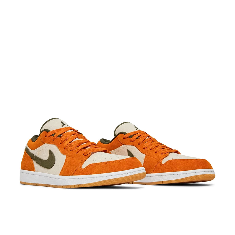 A pair of the Nike Air Jordan 1 Low Orange Olive basketball shoes are in an orange and green colourway.